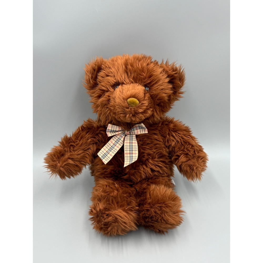 Vintage 1992 A&A Plush Brown Teddy Bear Shaggy Fur Plaid Bow 14 Inch Stuffed Toy